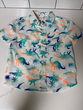jumping beans White Short-Sleeve Button-Down with Teal & Orange Dinosaur Print